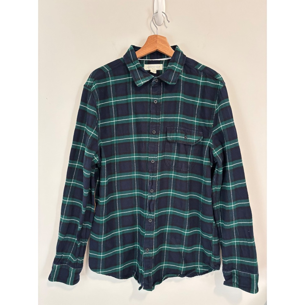Aeropostale Mens Green Navy Blue Plaid Flannel Shirt Elbow Patches Large L